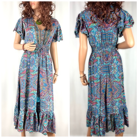 Paisley Print Half Butterfly Sleeves Midi Dress - Picture 6 of 14